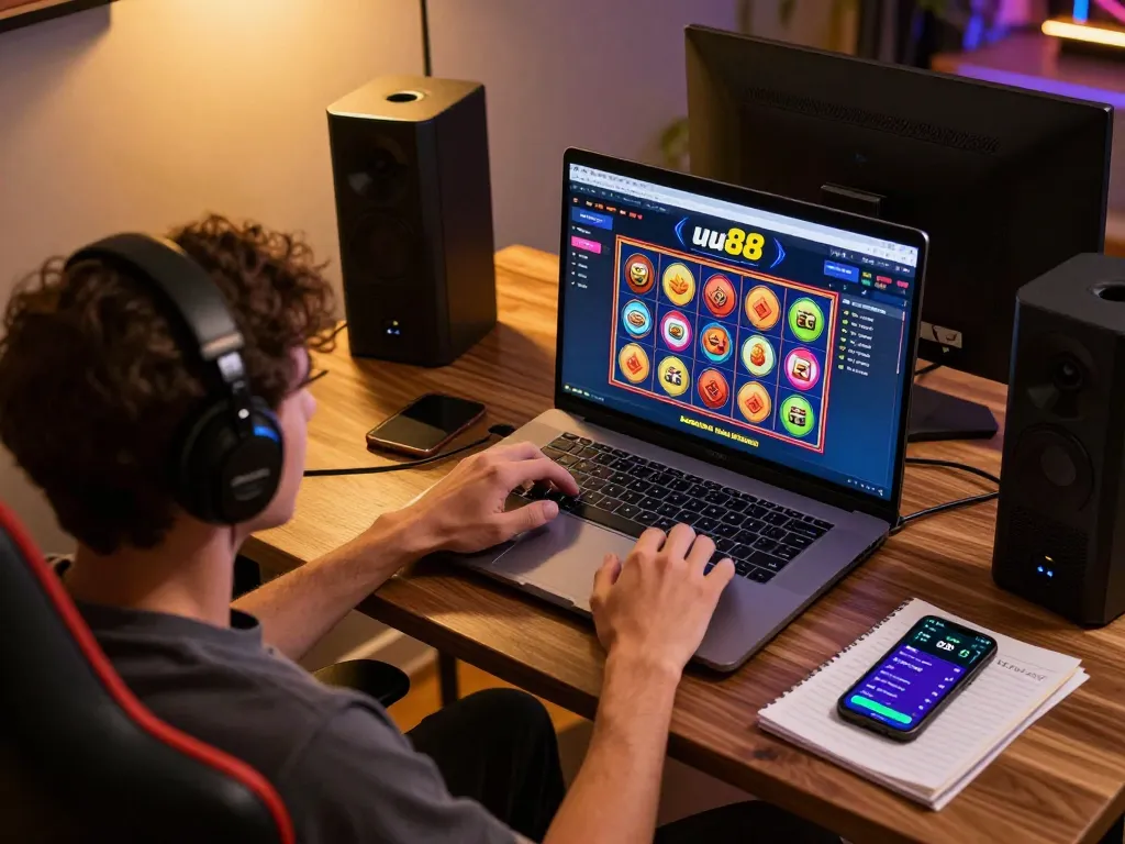 Person engaging in gameplay at uu88 net casino, vibrant online gaming setup with slots spinning