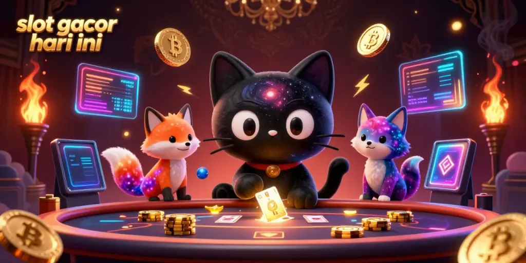 Gambar slot gacor hari ini dengan kucing lubang hitam kartun dan teman rubah nebula di kasino.