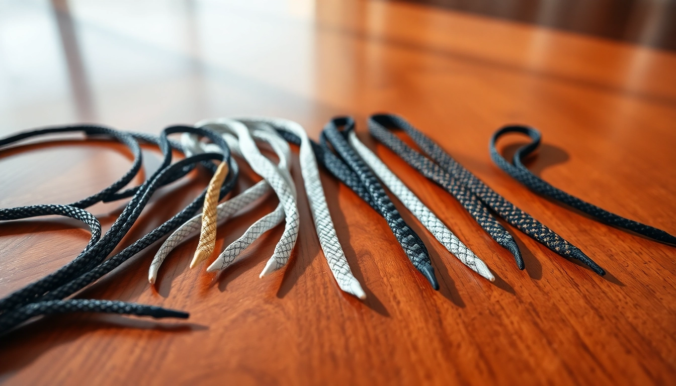 Stylish replacement laces for Yeezy 350 V2 displayed in various colors and textures on a wooden surface.