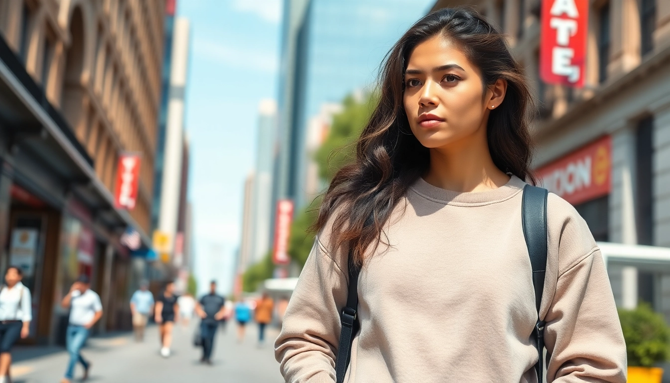 Model showcasing a stylish crew neck sweatshirt against a vibrant urban backdrop.