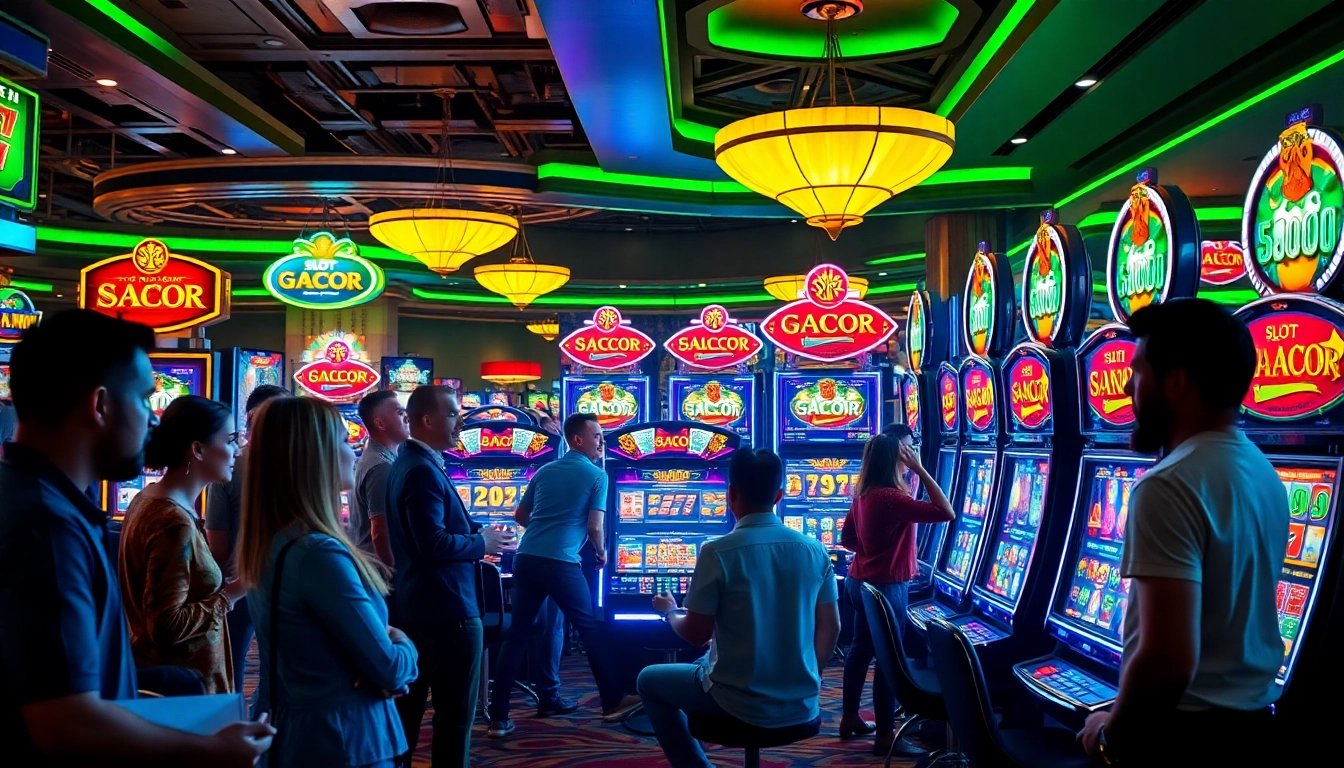 SLOT GACOR players enjoying their time at vibrant casino slot machines.