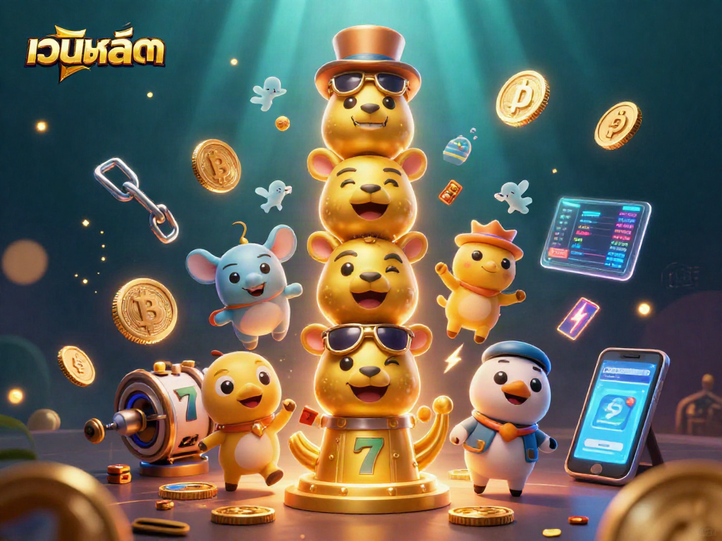 Engage with เว็บสล็อต through vibrant casino-themed 3D illustrations, featuring lively characters and crypto elements.