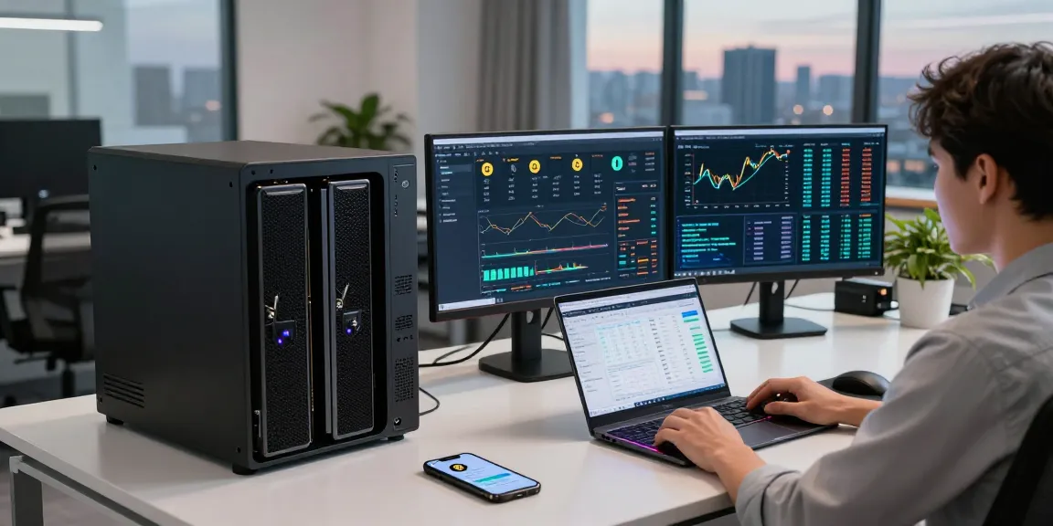 Dynamic workstation illustrating a bitcoin mining service with multiple screens showing Bitcoin analytics, security setups, and crypto technology insights.