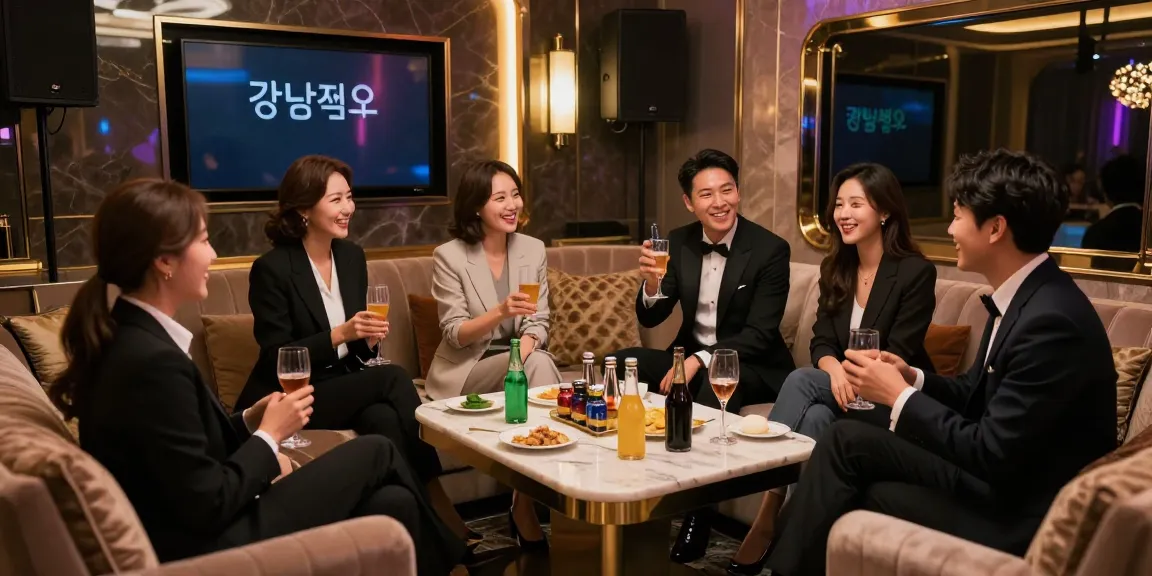 강남쩜오의 고급스러운 룸에서 친구들과 즐거운 대화를 나누는 모습