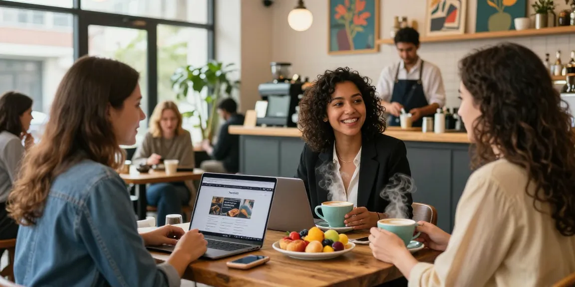 Dynamic coffee shop scene showcasing rokok88 experience with friends enjoying coffee and work.