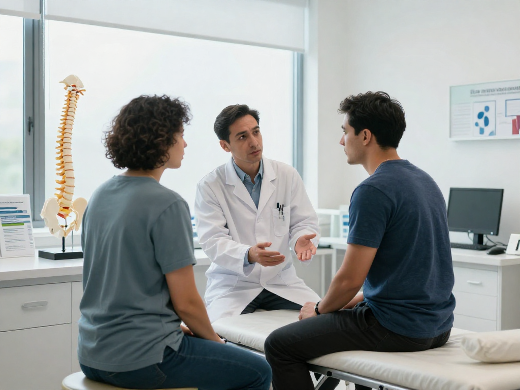 Orthopedic surgeon explaining Bel kayması ameliyatı options to a patient in a modern clinic.