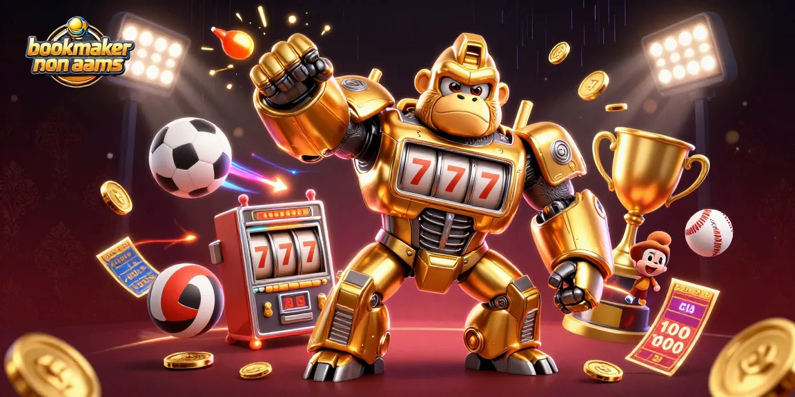 Vivi l'emozione dei bookmaker non AAMS con un gorilla mech dorato e palloni sportivi volanti.