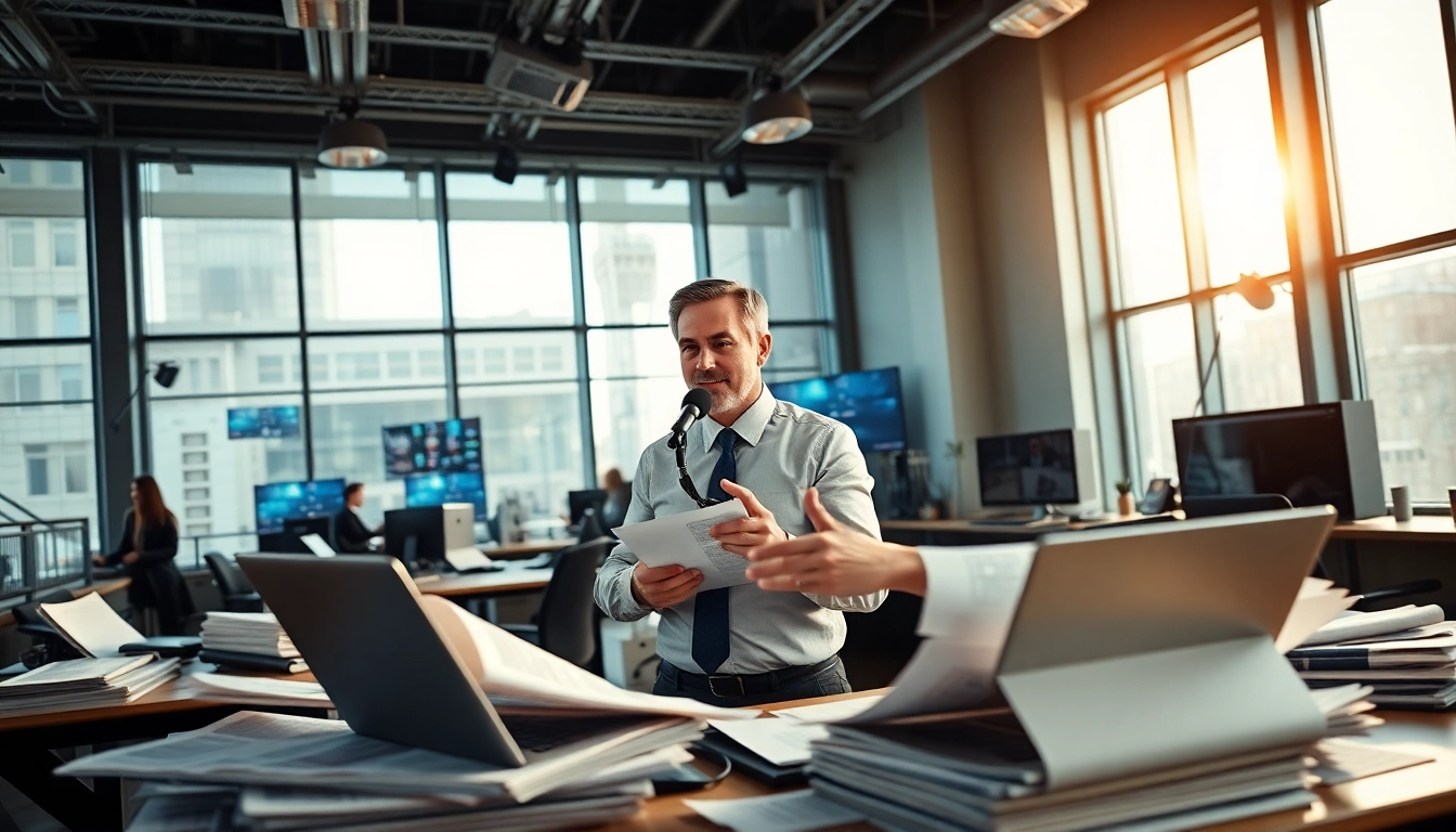 Engaging journalist covering news in a bright modern newsroom with dynamic elements.