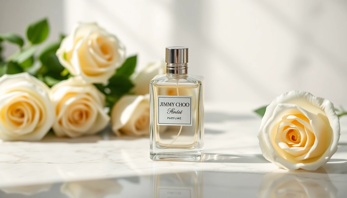 Admire the elegance of Jimmy choo perfume elegantly displayed with white roses.