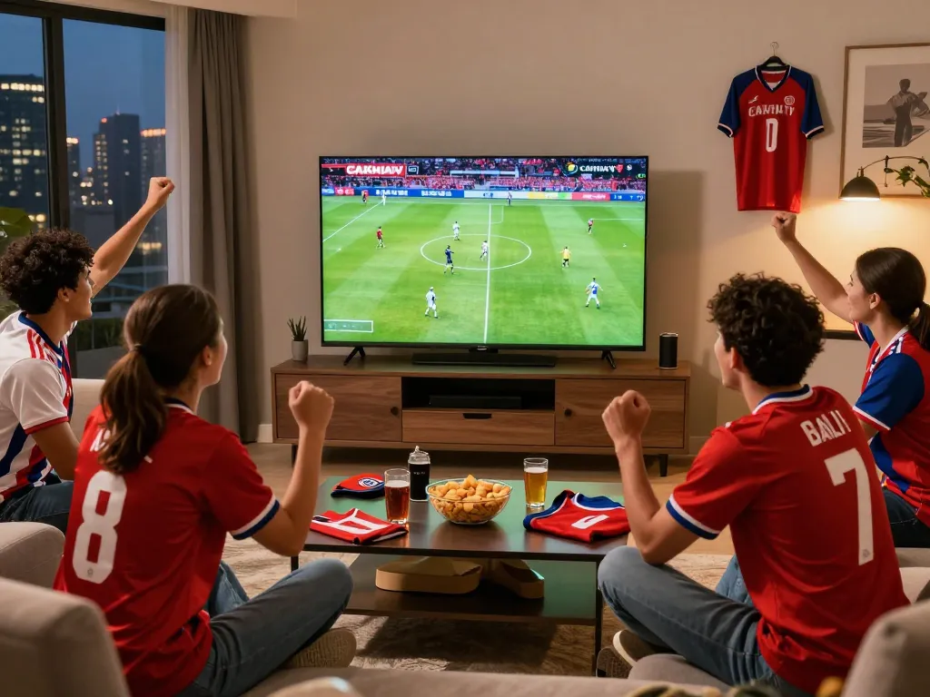 Cakhiatv live football match streaming scene with friends cheering in cozy living room.