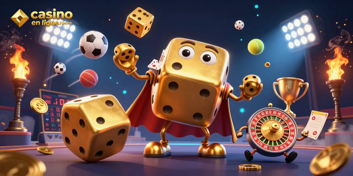 Jouez au casino en ligne France avec des dés dorés et des balls de sport en action.
