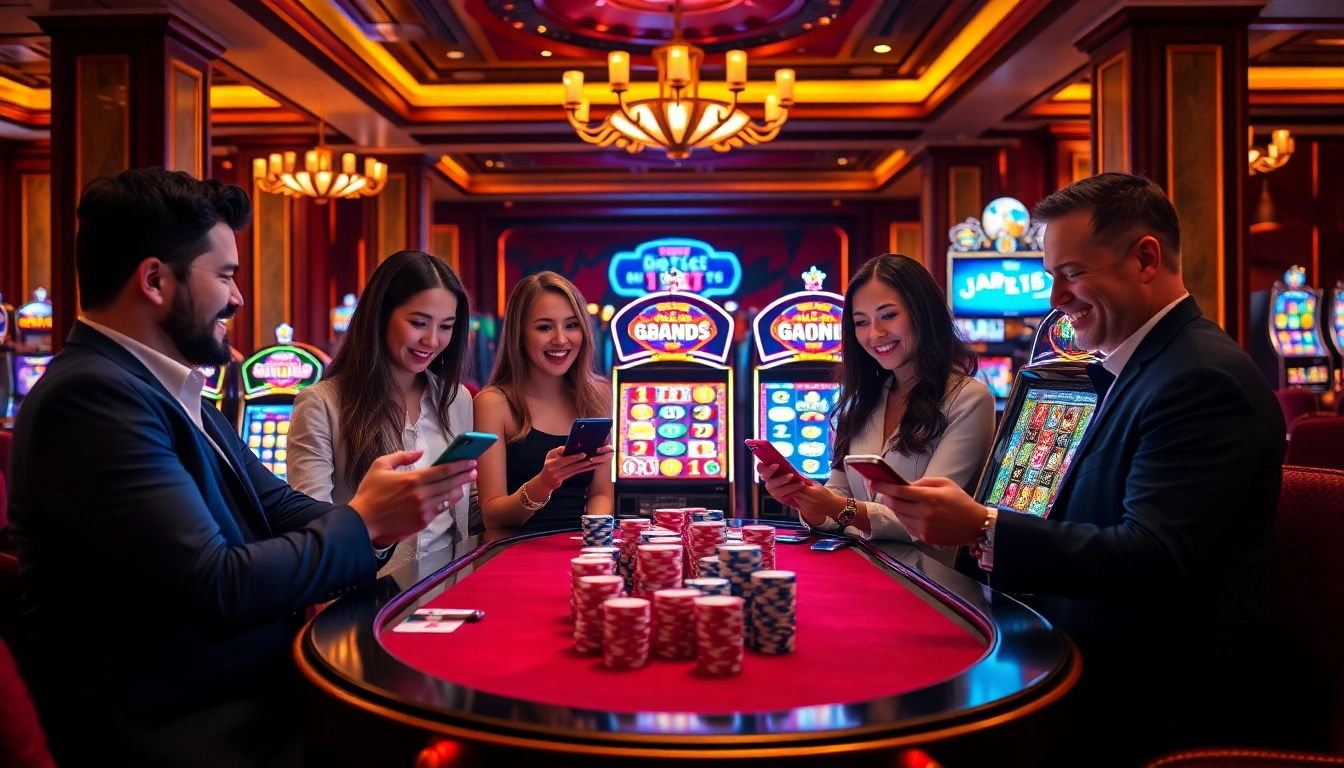 Friends celebrating victories while playing pg slot games on mobile devices in a luxurious casino.