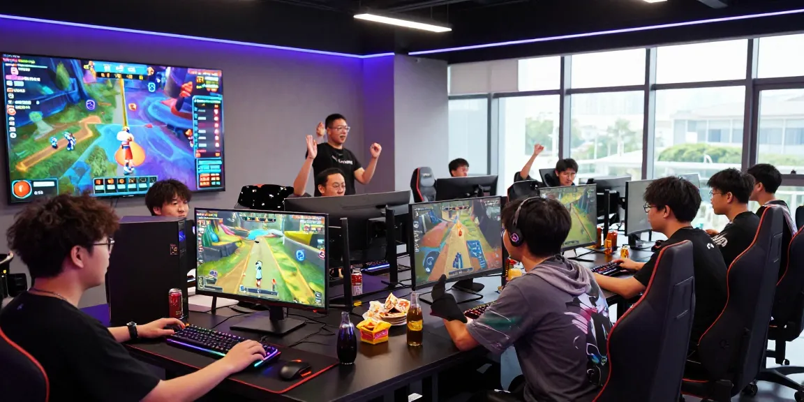 Players enjoying rokok88 online gaming challenge in a modern gaming lounge with vibrant atmosphere.