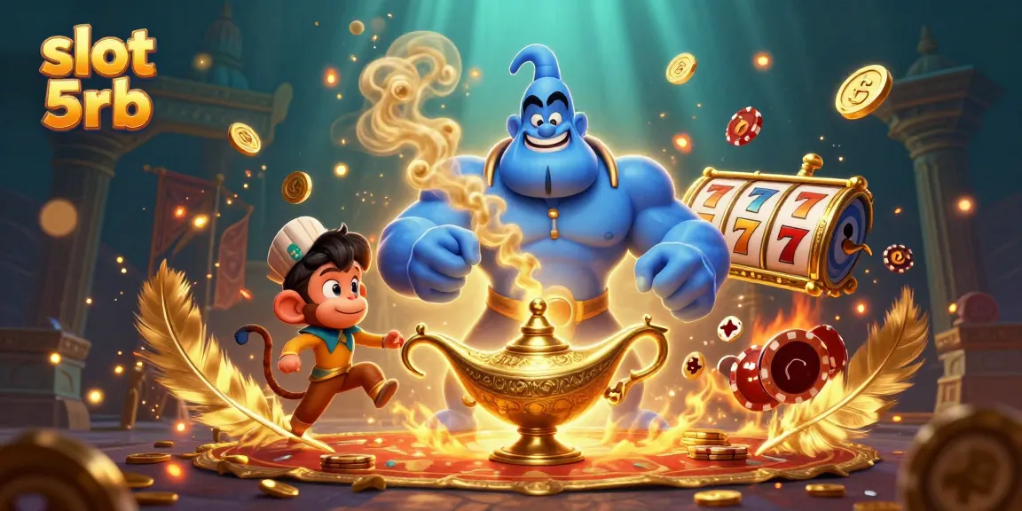 Experience slot 5rb excitement with a vibrant casino scene featuring a genie and magical elements.