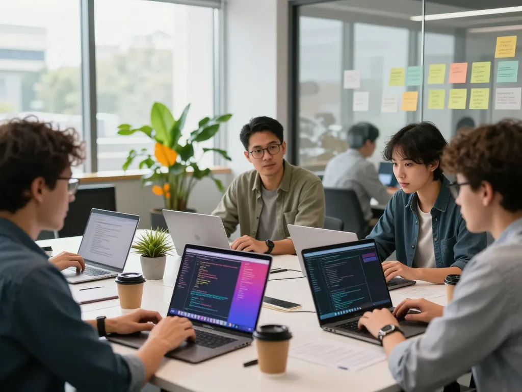 Dynamic team collaborating on web development kuala lumpur project in a modern workspace.