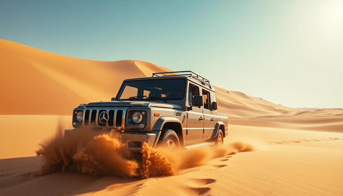 Experience private desert safari Dubai with a luxury vehicle traversing scenic sand dunes.