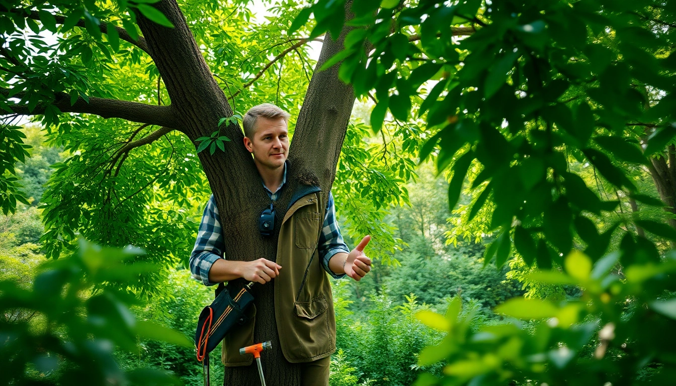 Black Mountain Tree Consultancy examining a tree in a vibrant forest setting, promoting tree health.