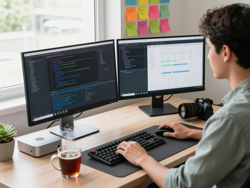 Developer using a Mac mini in a modern workspace with dual monitors and coding tools.