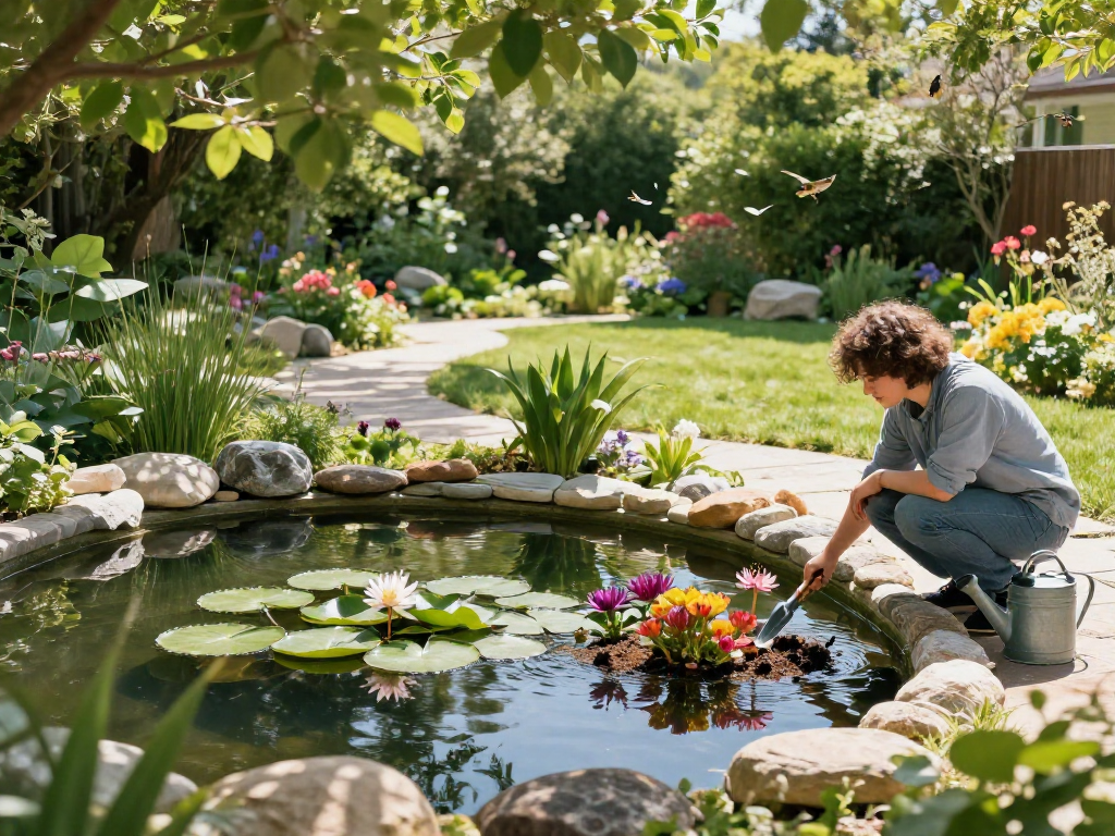 Pond Plants nestled in a tranquil garden pond, showcasing vibrant blooms and lush greenery.