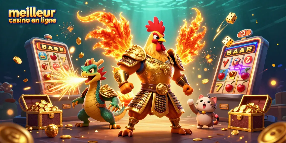 Visualisez le meilleur casino en ligne avec un guerrier coq et un dragon, entourés de symboles de jeux.