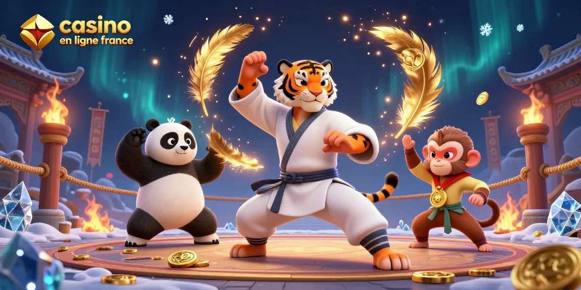 Illustration dynamique d'un tigre maître de kung-fu, panda disciple, et singe espiègle, représentant le casino en ligne France.
