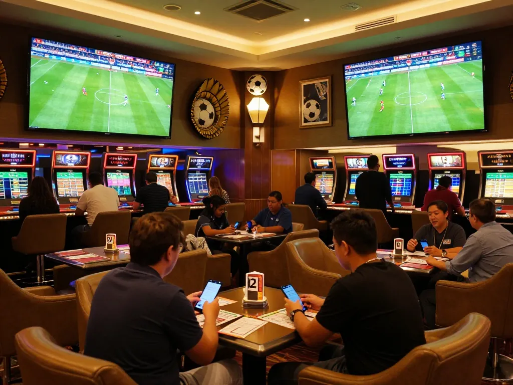 Excited bettors using mobile devices for trang cá cược bóng đá in a vibrant casino sports betting lounge.
