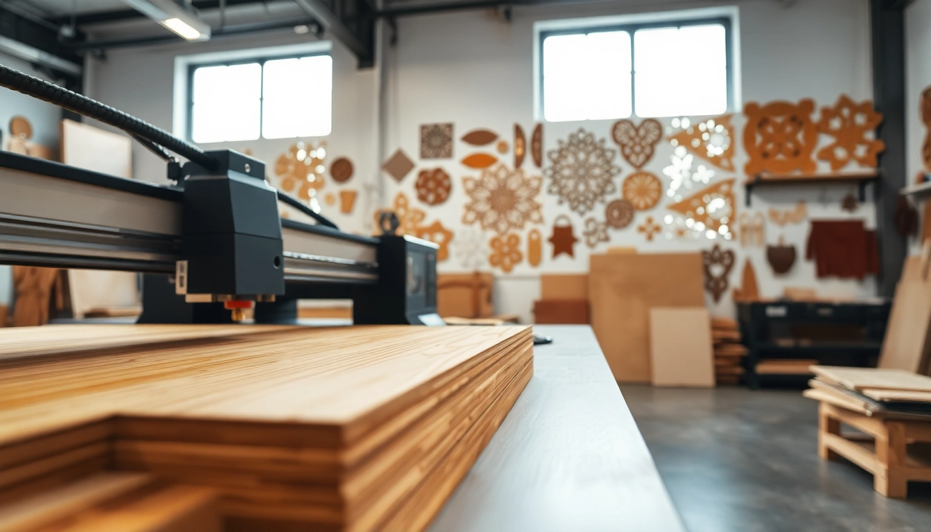 Showcasing intricate laser cutting designs with machines in an inspiring workshop setting.