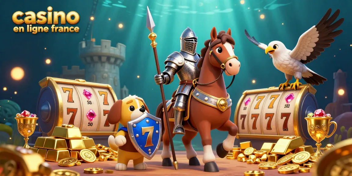 Une scène vibrante de casino en ligne en France avec un chevalier, un chiot écuyer et un faucon, entourés de butins et de jeux de casino.