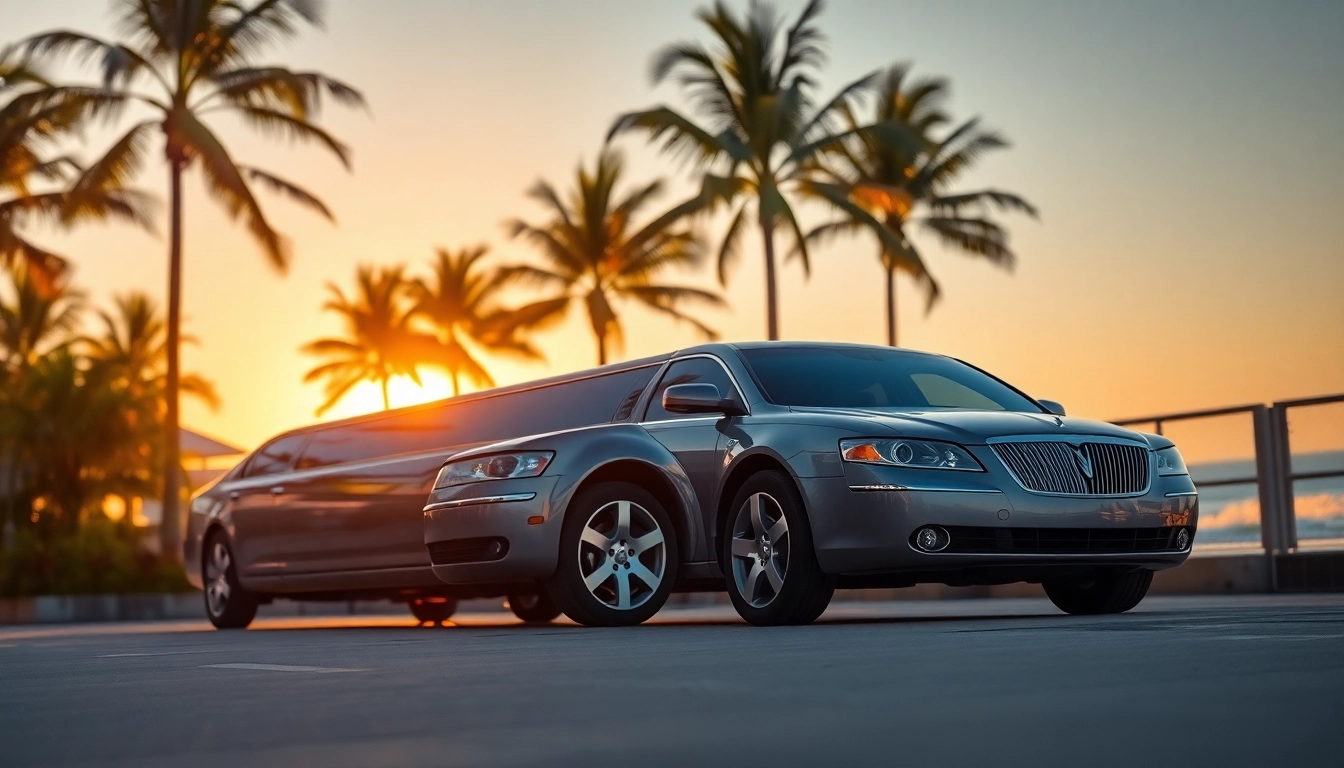 A luxurious limo in Miami showcases elegance against a sunset backdrop, perfect for upscale travel.