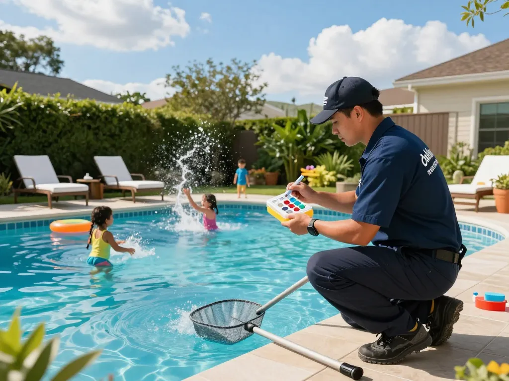 Dolphin Pool Services technician providing essential pool maintenance in a sunny backyard setting, ensuring a pristine swimming experience.