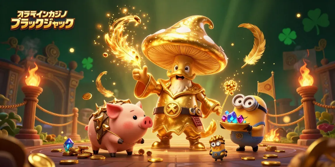 オンラインカジノ ブラックジャックでの勝利を目指して黄金の魔法を使うキャラクターのイラスト