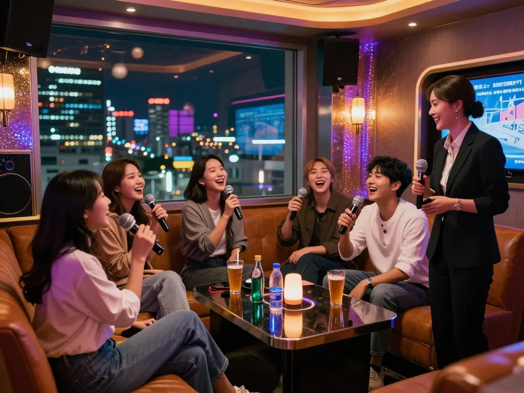 친구들과 함께 음료를 즐기고 노래하는 인천쓰리노 노래방의 역동적인 장면, 생기 넘치는 밤문화를 강조합니다.