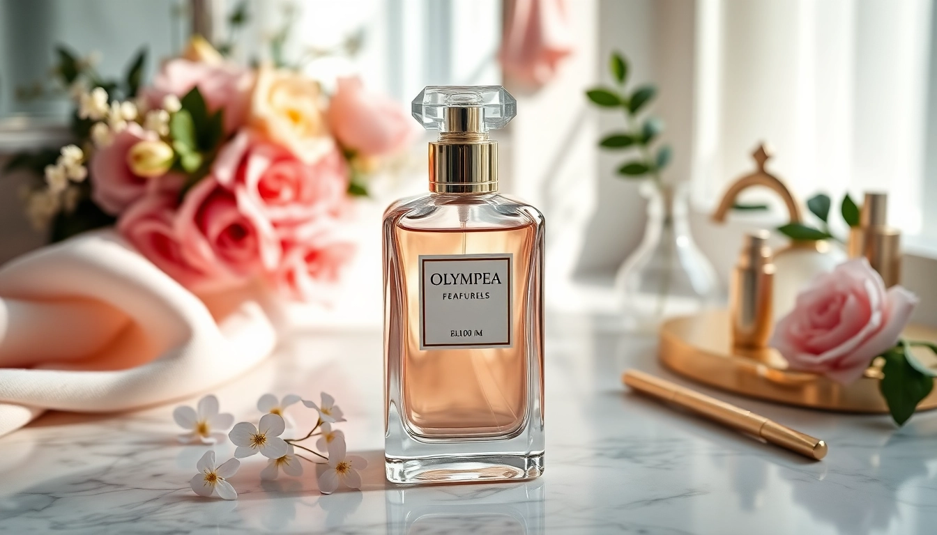 Capture the essence of Olympea perfume with a luxurious bottle against a floral backdrop.
