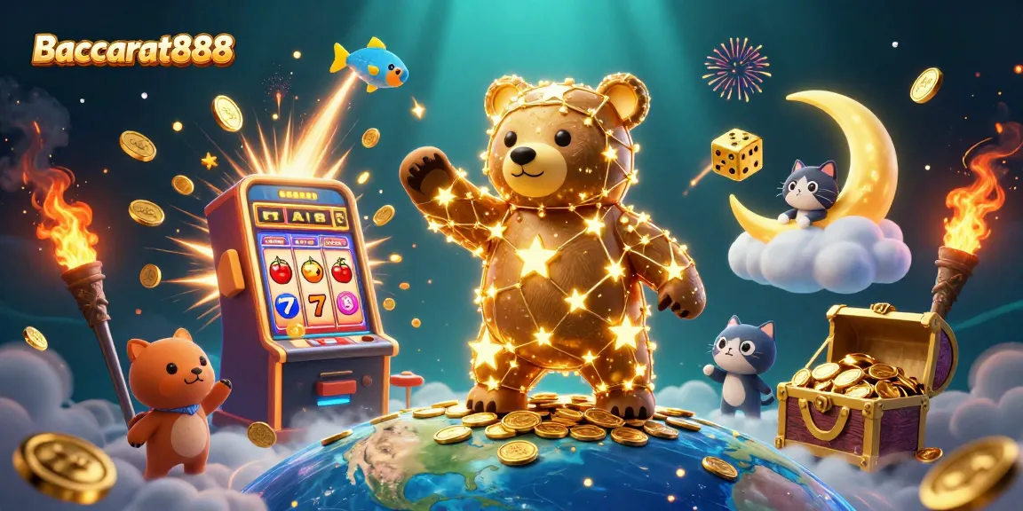 Experience Baccarat888 action with a constellation bear, coins, and vibrant casino elements.