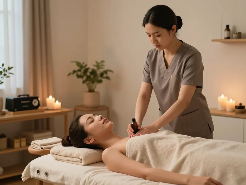 Relaxing home massage therapy session with a professional therapist at https://www.maxim-anma.net, showcasing soothing aromatherapy and a comfortable environment.