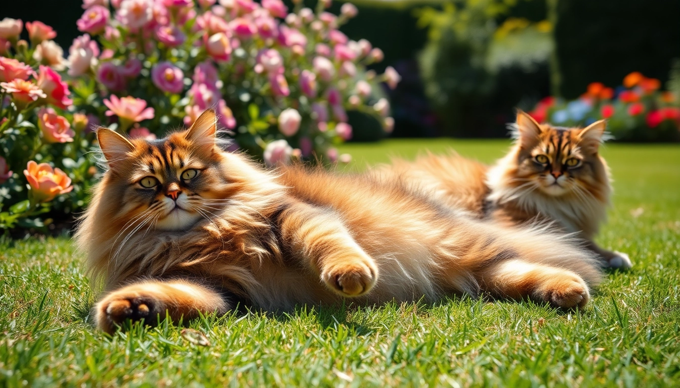 Maine Coon cats for sale Sacramento enjoying a sunny garden with vibrant flowers.