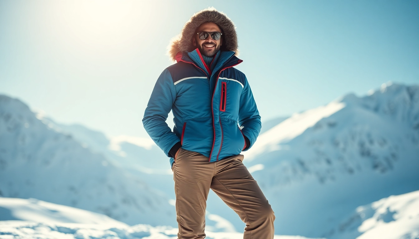 Model wearing stylish winter wear against a snowy mountain backdrop.