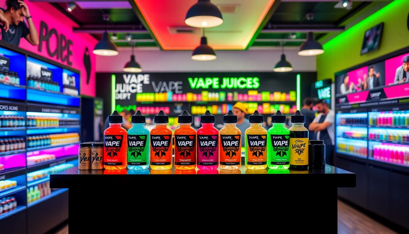 Explore vibrant vape juice depot displays featuring colorful bottles and inviting atmosphere.