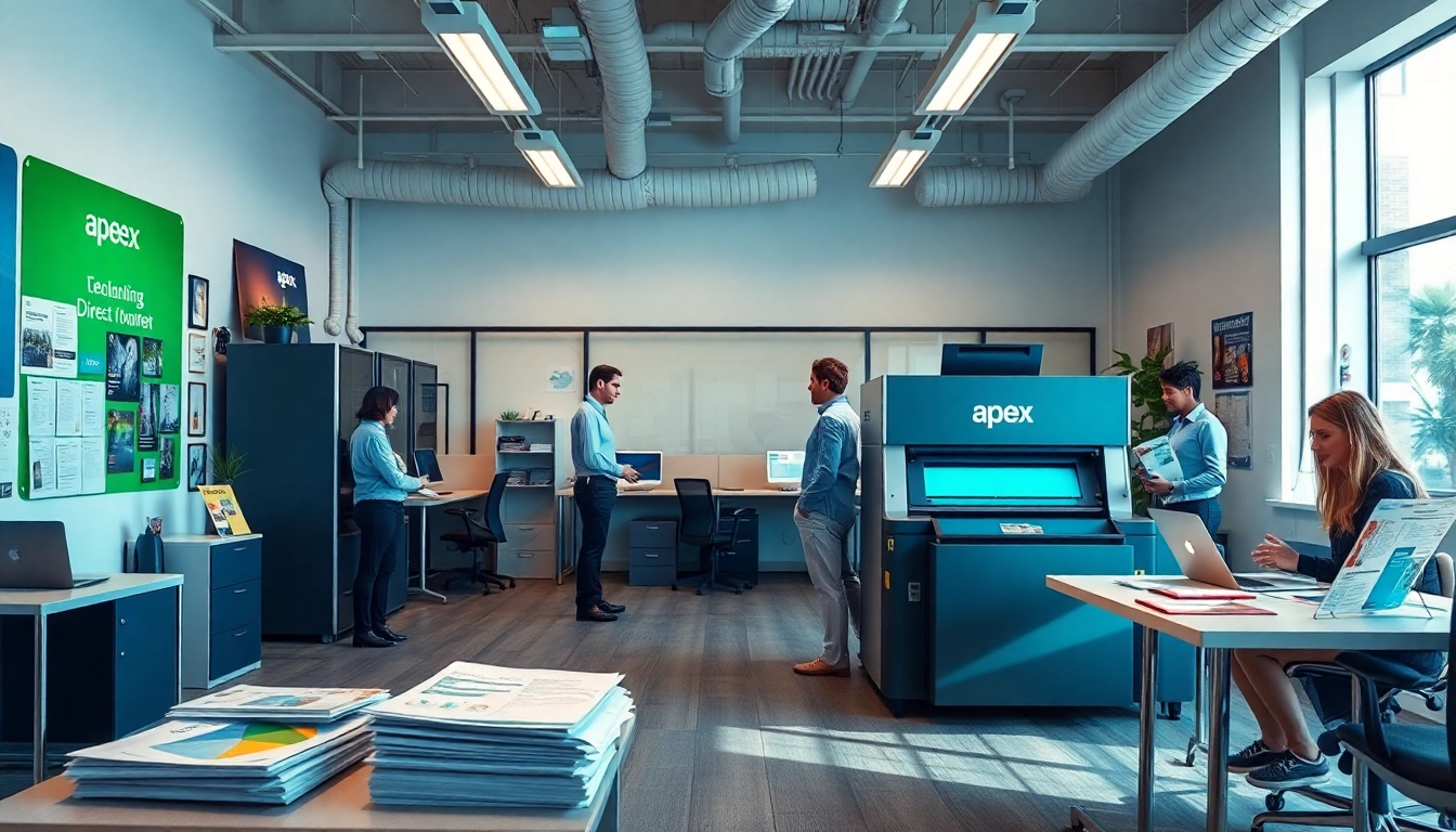Engaging professionals creating innovative Apex Direct Mail strategies in a modern office.