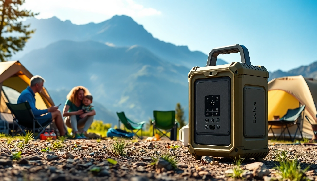 EcoFlow portable power station powering devices at a family campsite in nature.
