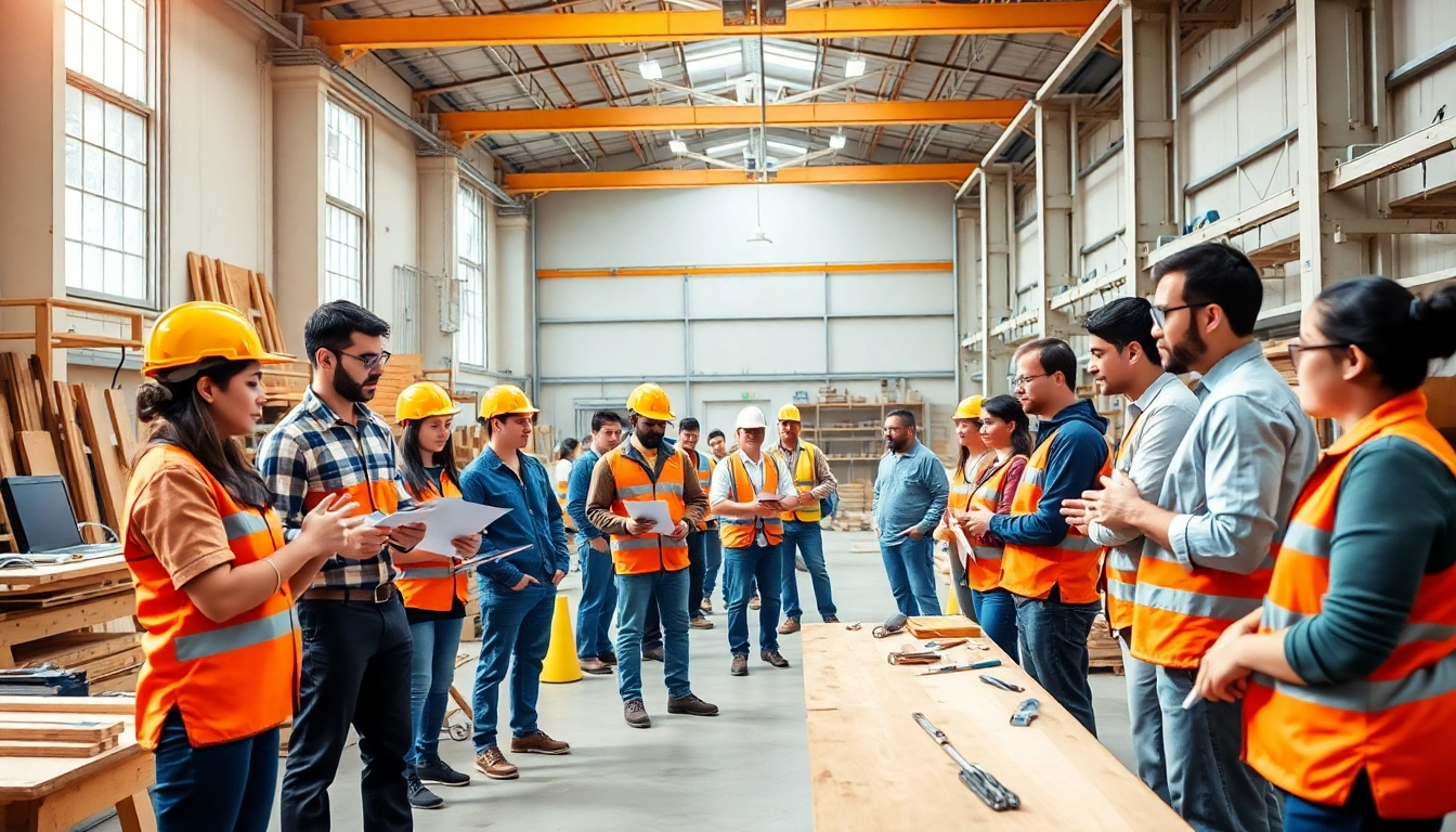 Engaged students learning through construction classes in an industrial workshop setting.