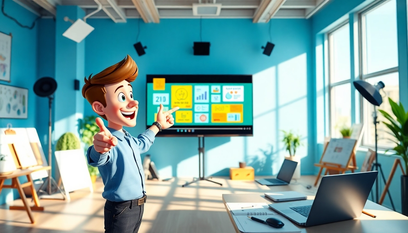 Erklärvideo erstellen in einem kreativen Studio mit animierten Charakteren und Grafiken.