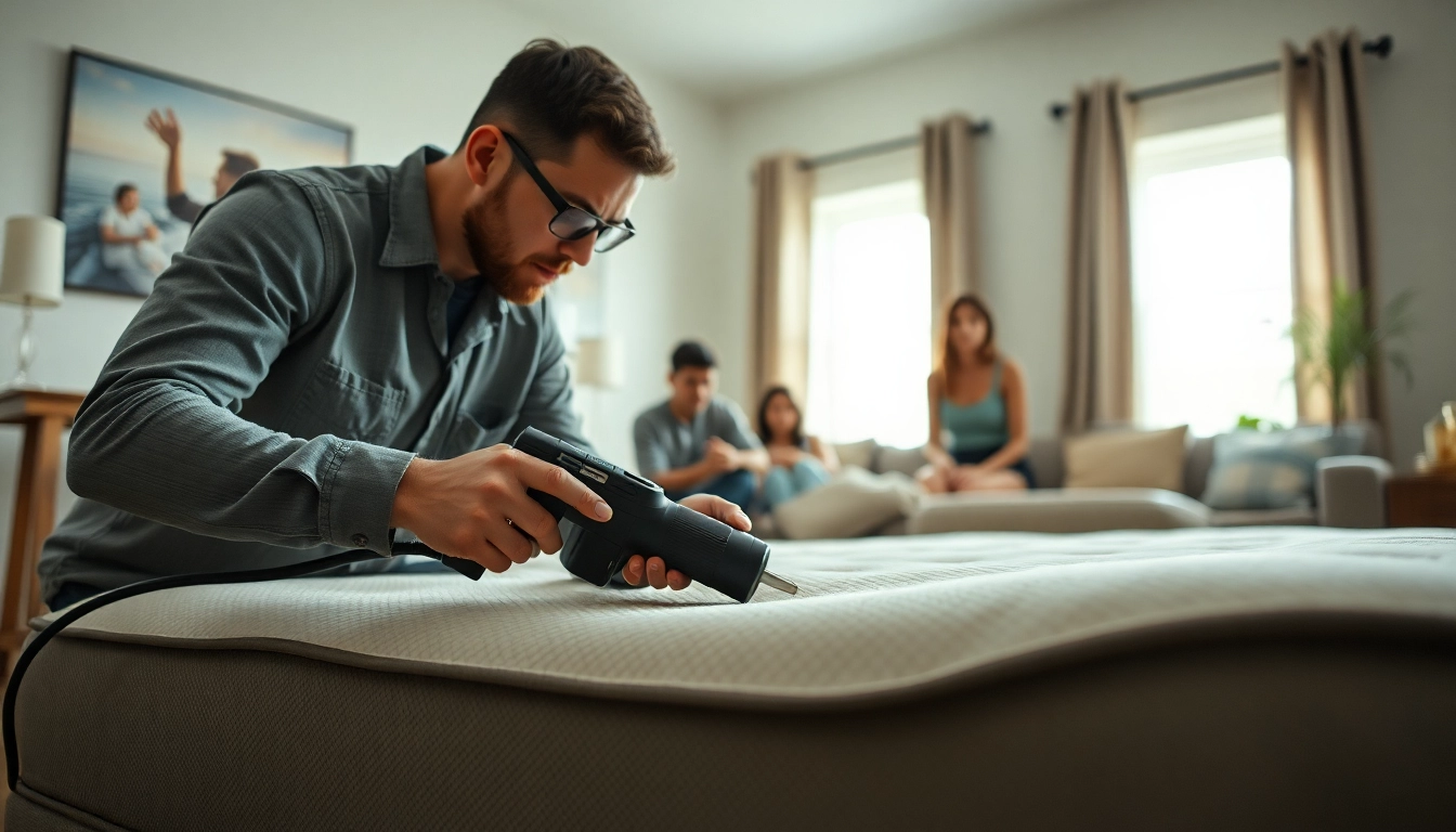 Bed bug exterminators inspecting a mattress while a family watches, showcasing professional pest control.