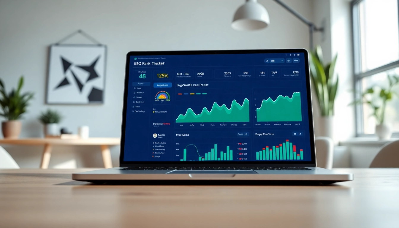 Analyze website performance with this SEO Rank Tracker dashboard setup in a modern office.