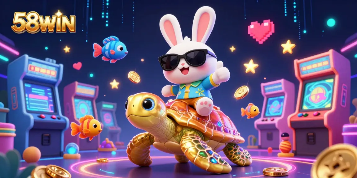 58WIN showcases vibrant cartoon characters enjoying games, creating excitement in the casino atmosphere.
