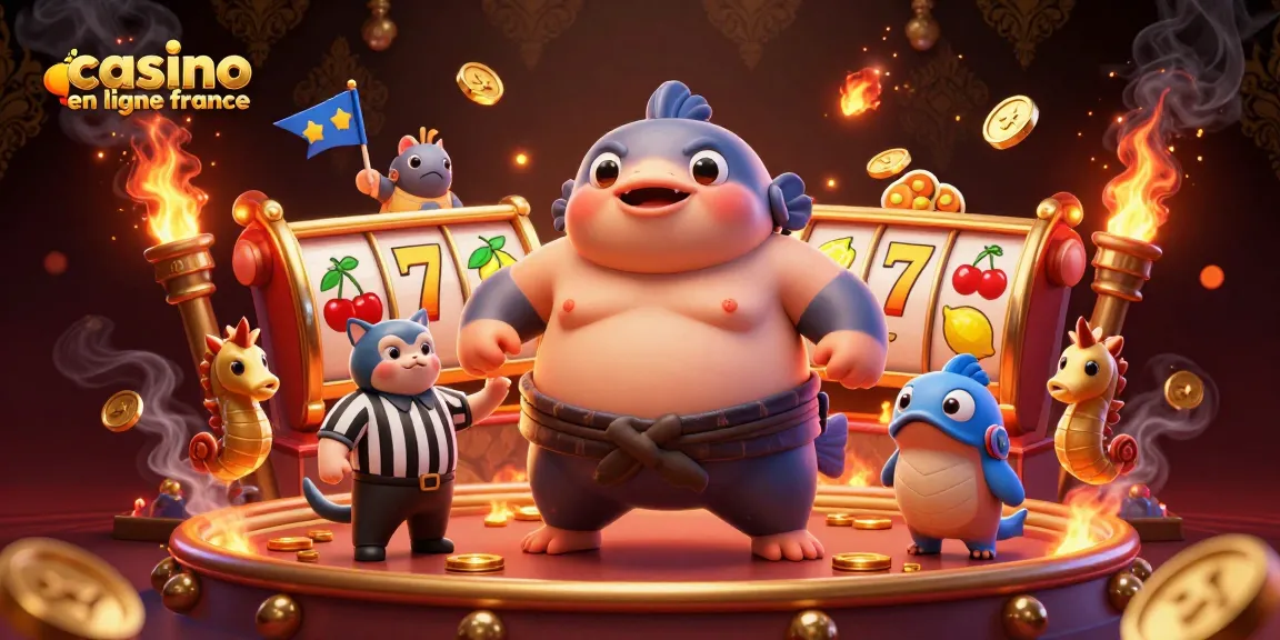 Jouer au casino en ligne France avec des machines à sous colorées et un fugu qui arbitre.