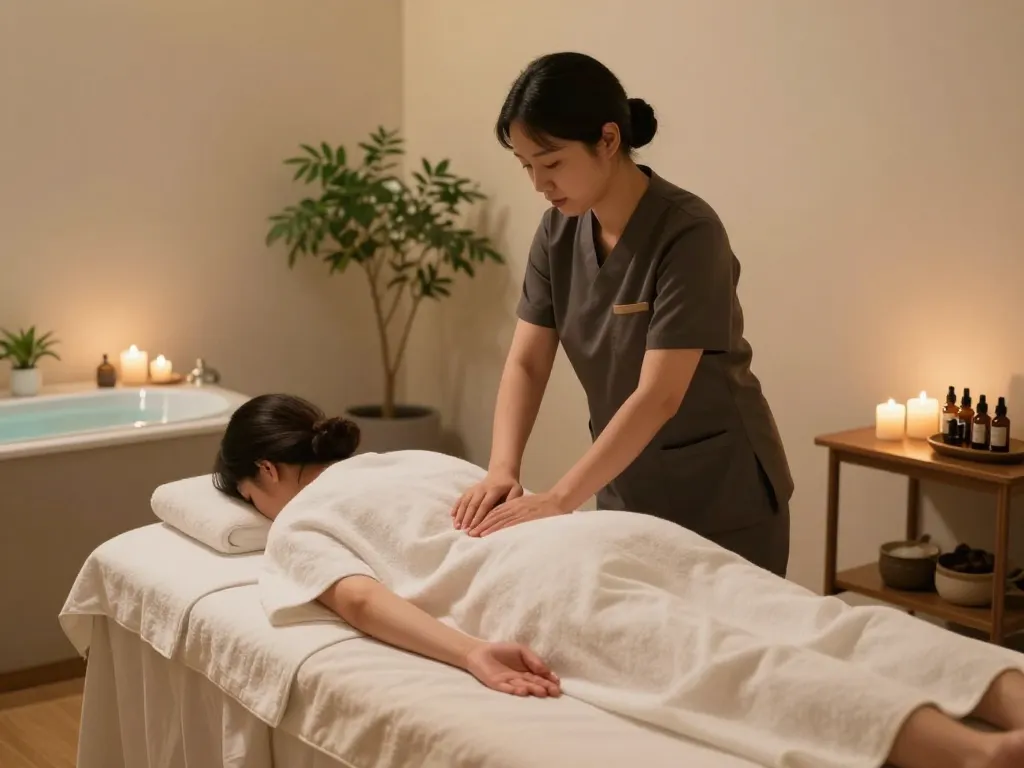 Relaxing 삼성동마사지 experience in tranquil spa setting with soothing therapist and serene decor.