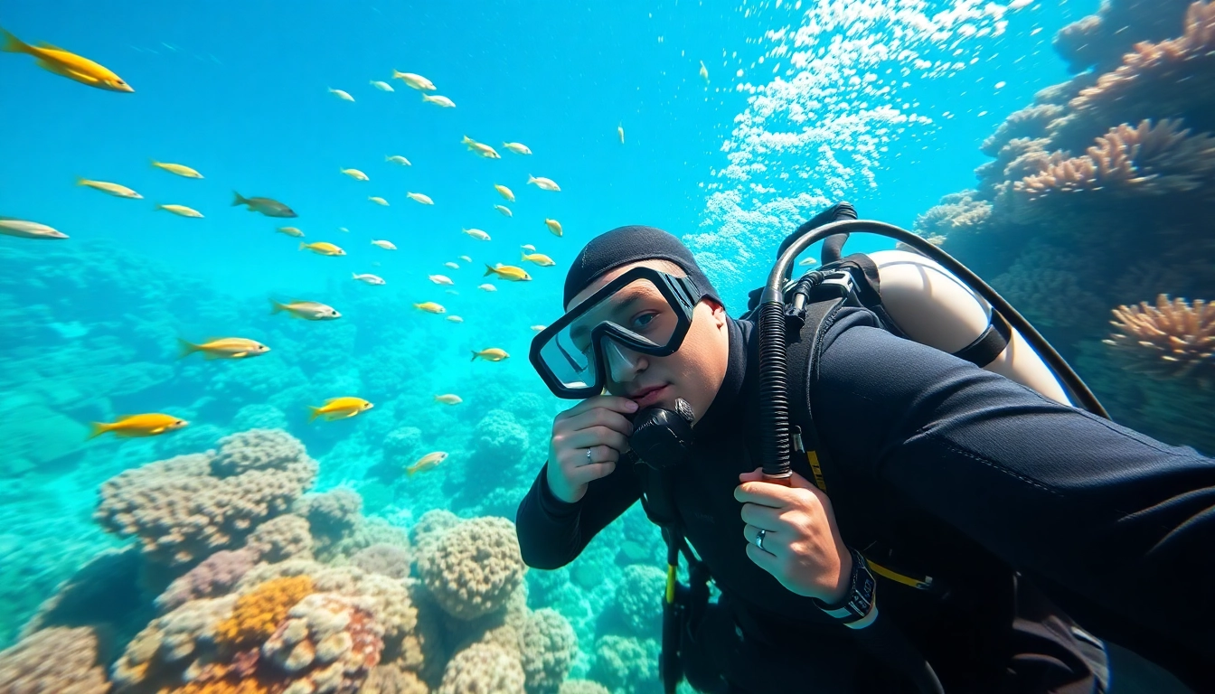 Tauchen Lernen mit einem professionellen Taucher in einer bunten Unterwasserlandschaft.