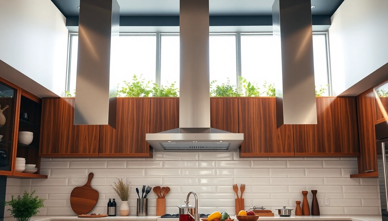 Stunning kitchen featuring modern hoods, showcasing a blend of style and functionality.