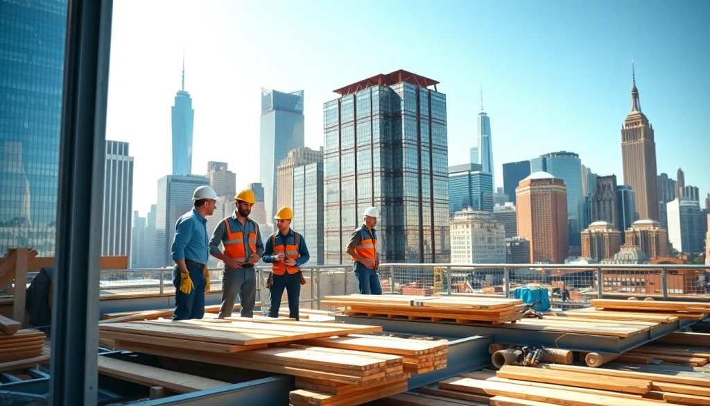 Dynamic scene featuring a New York General Contractor's team working on a construction site in the city.
